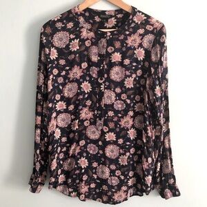 Lucky Brand Women’s Navy Pink Dark Floral Retro Popover Shirt Blouse M